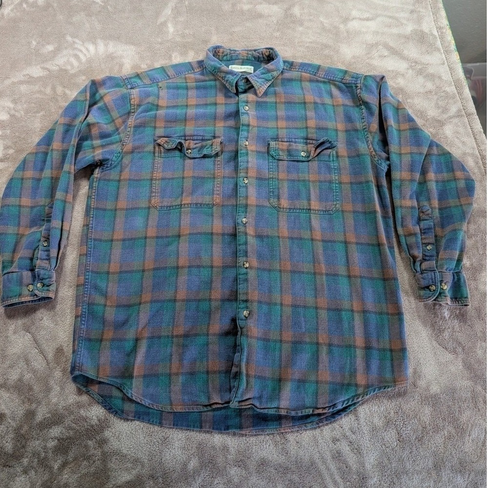 Banana Republic Flannel Shirt Mens XL Blue Green Brown Plaid Button Down Vintage